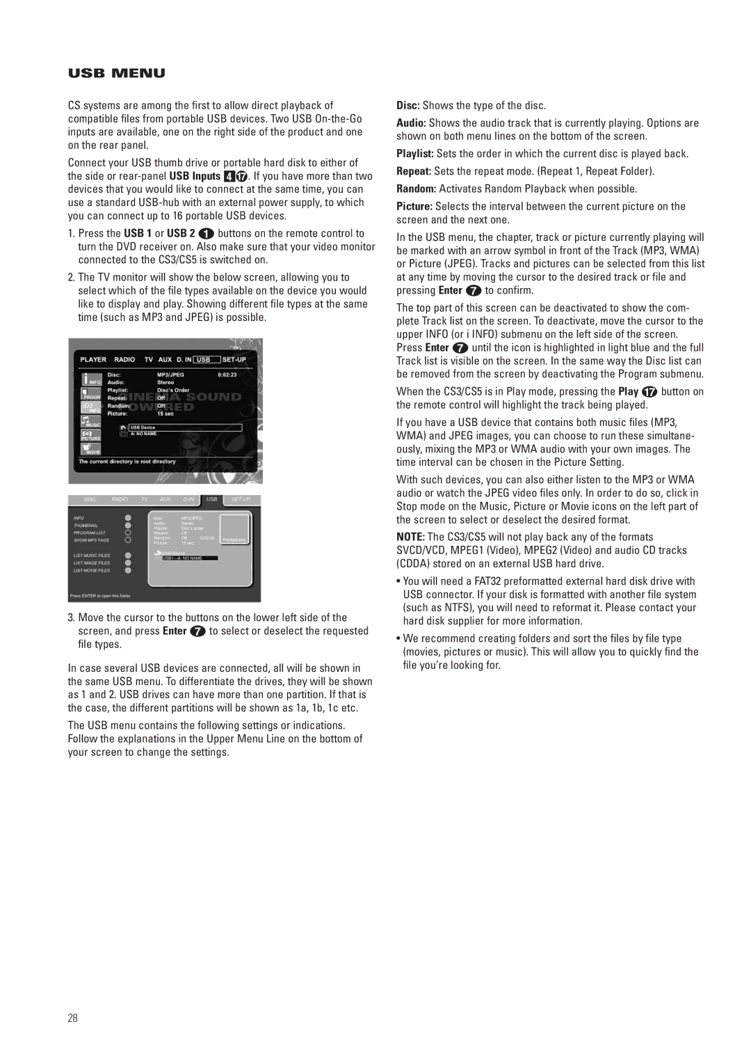 JBL CS3, CS5 manual USB Menu 