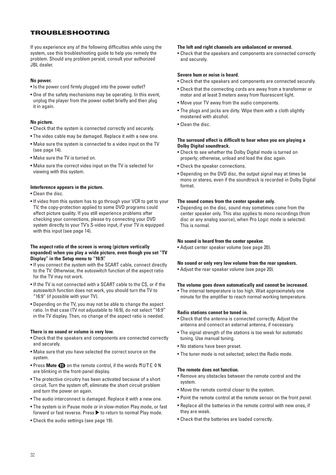 JBL CS3, CS5 manual Troubleshooting 