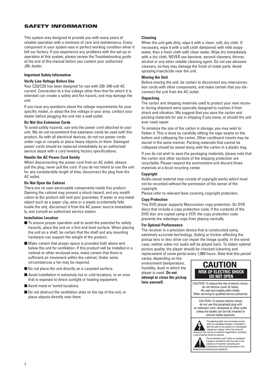 JBL CS3, CS5 manual Safety Information 