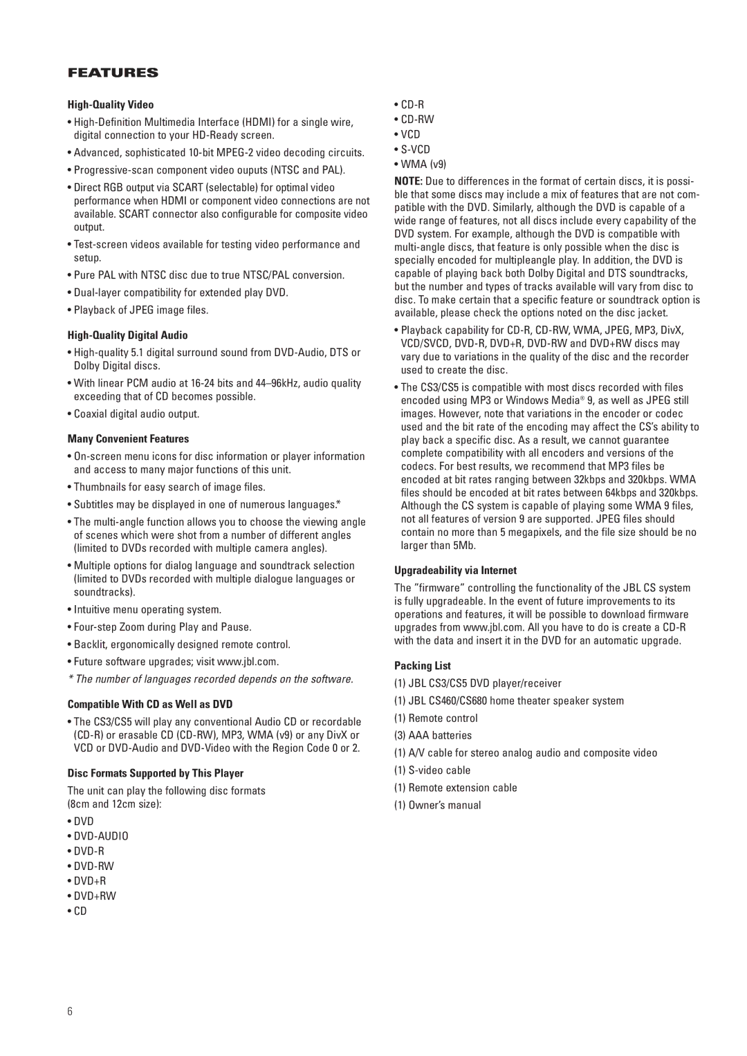 JBL CS3, CS5 manual Features 