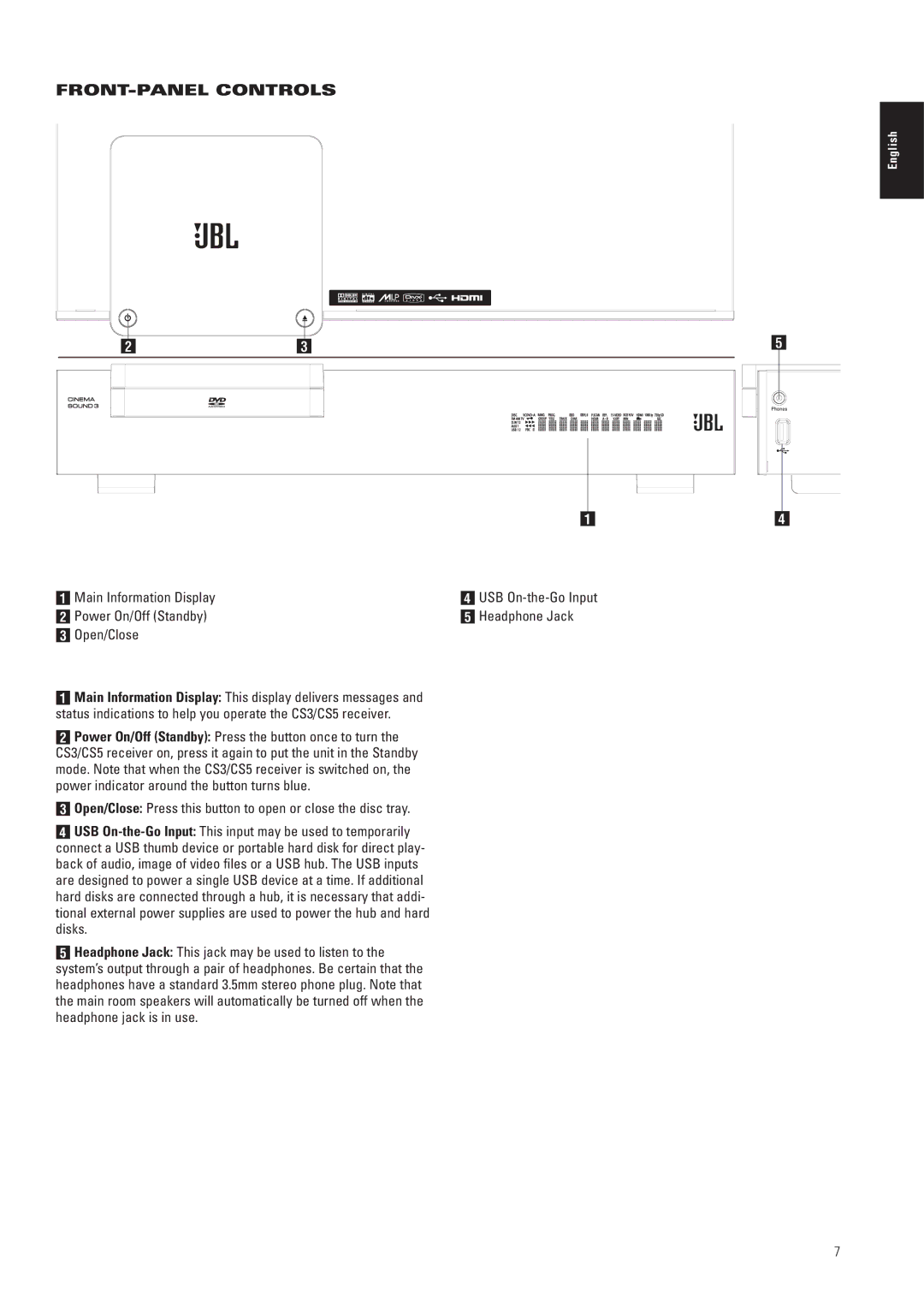 JBL CS5, CS3 manual FRONT-PANEL Controls,  Main Information Display, Power On/Off Standby Headphone Jack Open/Close 