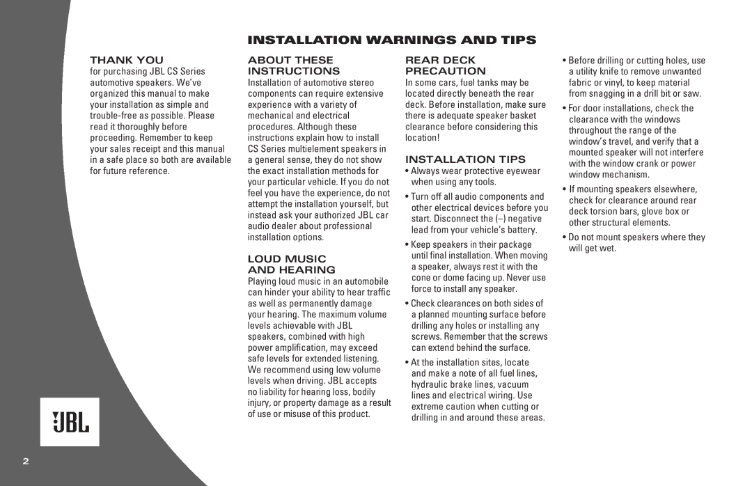 JBL CS4196, CS3108, CS2164, CS2104, CS2105, CS3110, CS2106, CS3196 owner manual Installation Warnings and Tips, Thank YOU 