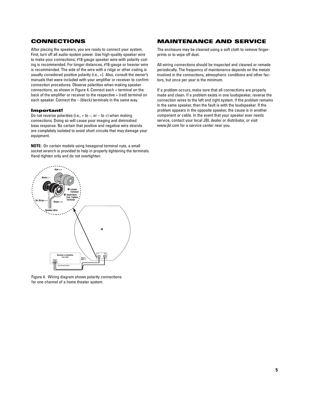 JBL CS400SAT manual Connections, Maintenance and Service 