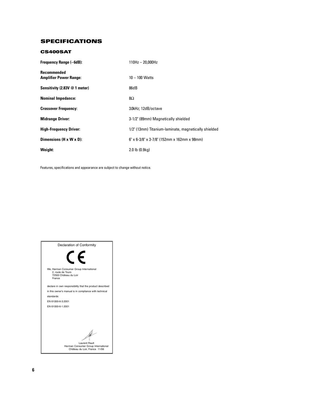 JBL CS400SAT manual Specifications 