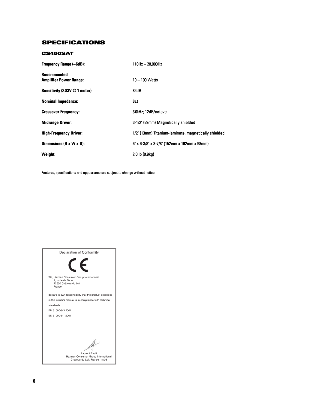 JBL CS400SAT manual Specifications 