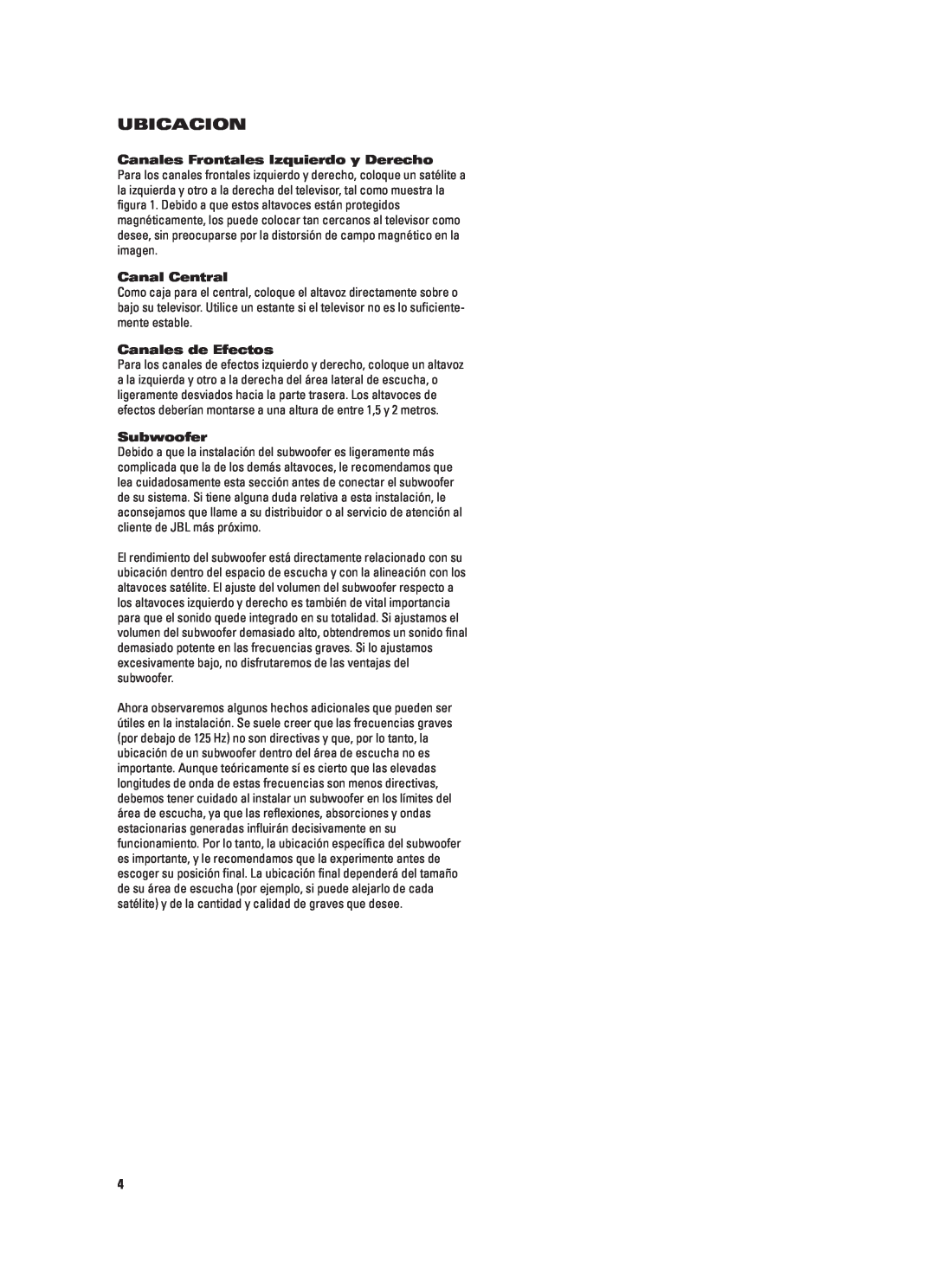 JBL CS460 (230V) manual Ubicacion, Canales Frontales Izquierdo y Derecho, Canal Central, Canales de Efectos, Subwoofer 