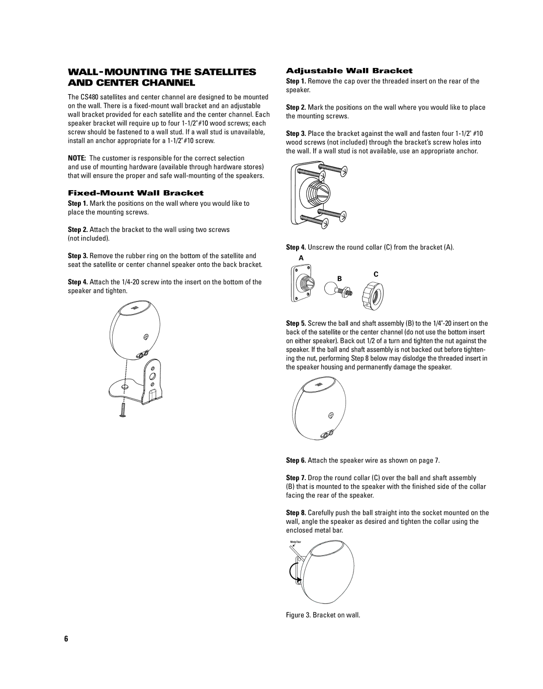 JBL CS480 manual WALL-MOUNTING the Satellites and Center Channel, Fixed-Mount Wall Bracket, Adjustable Wall Bracket 