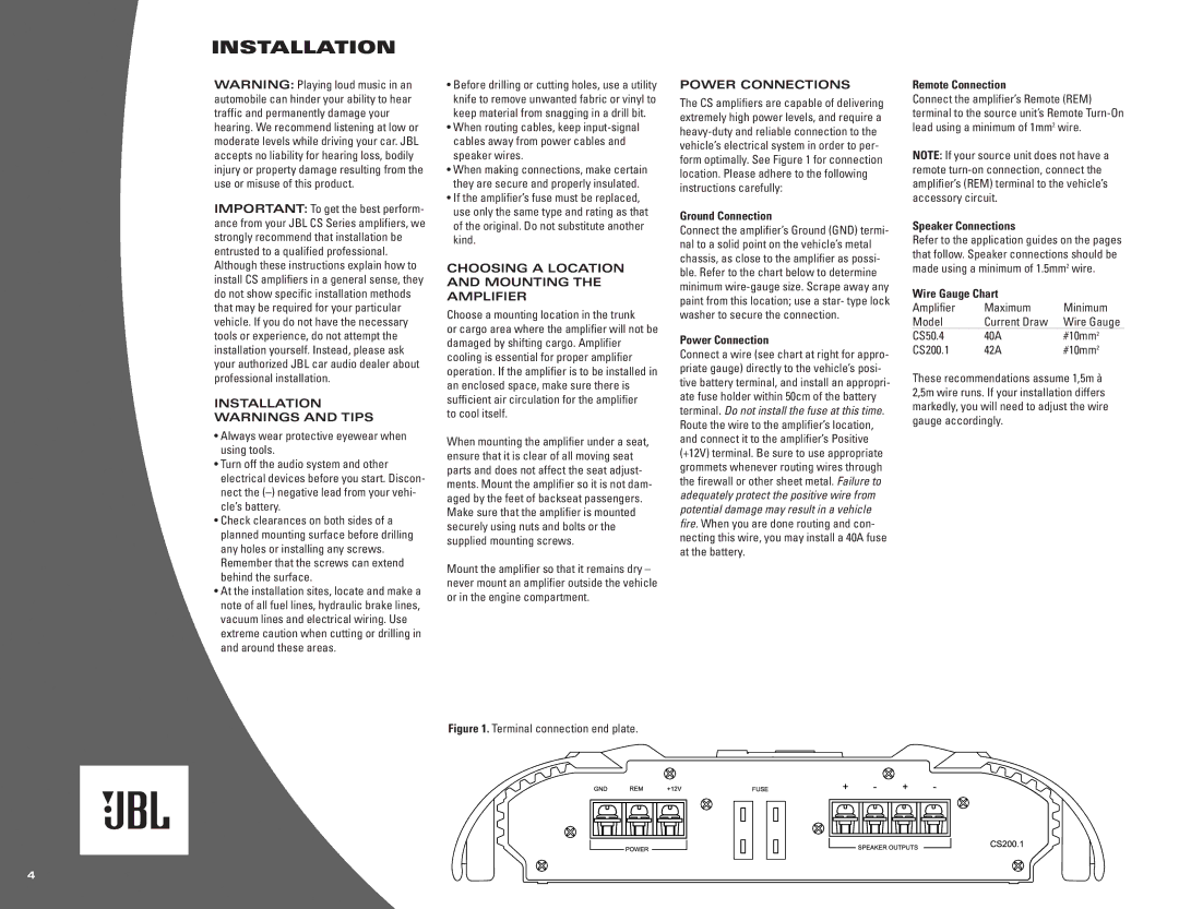 JBL CS50.4, CS200.1 owner manual Installation, Choosing a Location and Mounting the Amplifier, Power Connections 