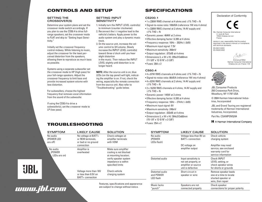 JBL CS50.4, CS200.1 Controls and Setup Specifications, Troubleshooting, Setting Setting Input Crossovers Sensitivity 