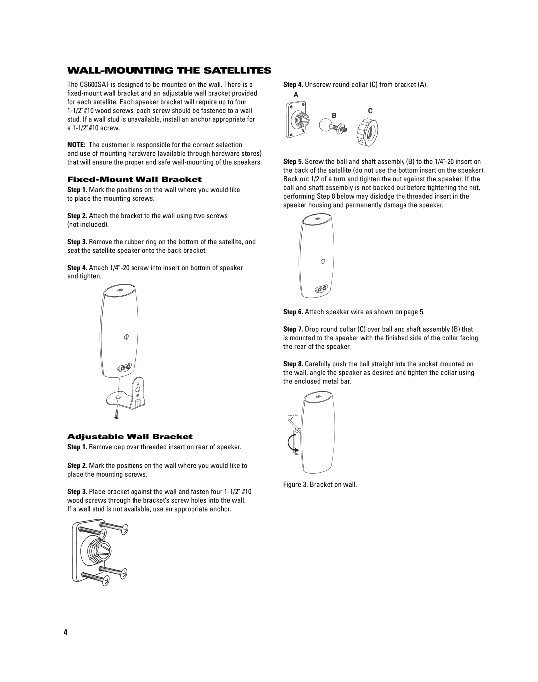 JBL CS600SAT manual WALL-MOUNTING the Satellites, Fixed-Mount Wall Bracket, Adjustable Wall Bracket 