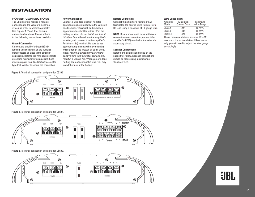 JBL CS60.4 Power Connections, Power Connection Remote Connection, Ground Connection, Speaker Connections, Wire Gauge Chart 