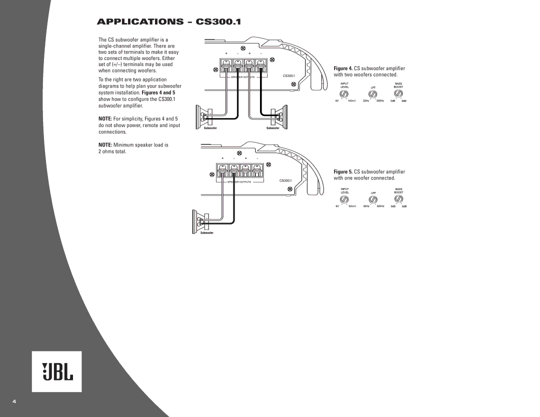 JBL CS60.2, CS60.4 owner manual Applications CS300.1, CS subwoofer amplifier with two woofers connected 