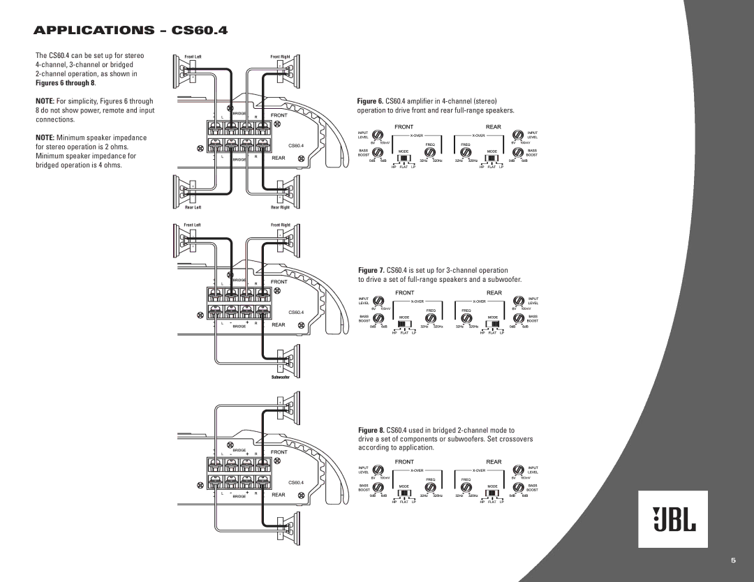 JBL CS300.1, CS60.2 owner manual Applications CS60.4, CS60.4 can be set up for stereo 