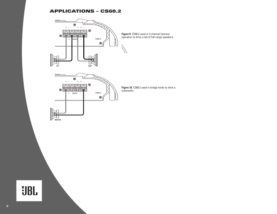 JBL CS60.4, CS300.1 owner manual Applications CS60.2, CS60.2 used in bridge mode to drive a subwoofer 