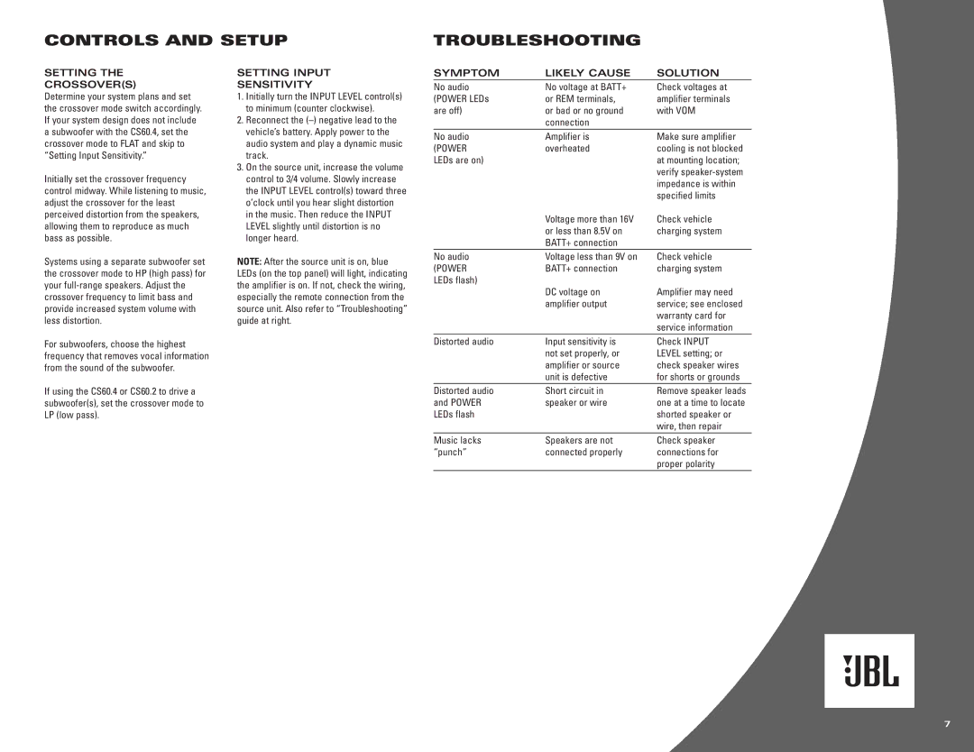 JBL CS60.2, CS60.4, CS300.1 owner manual Controls and Setup Troubleshooting, Setting Crossovers, Setting Input Sensitivity 