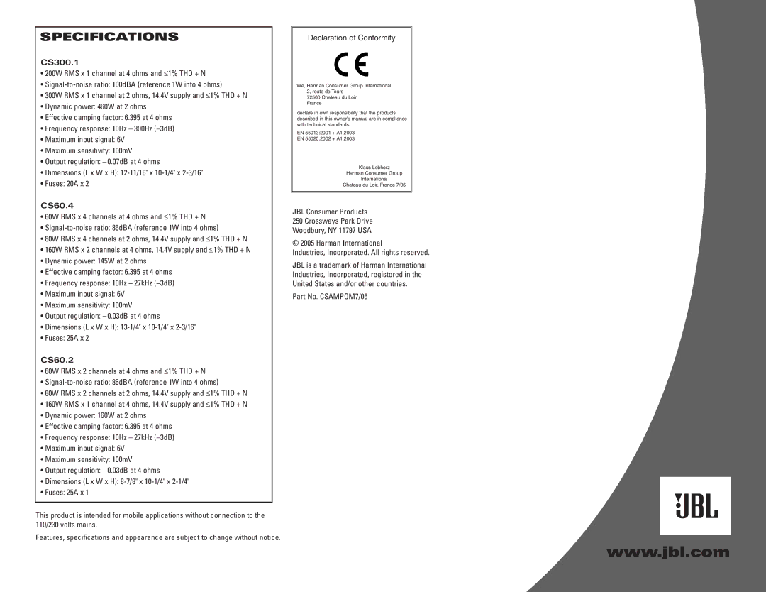 JBL CS300.1 owner manual Specifications, CS60.4, CS60.2 