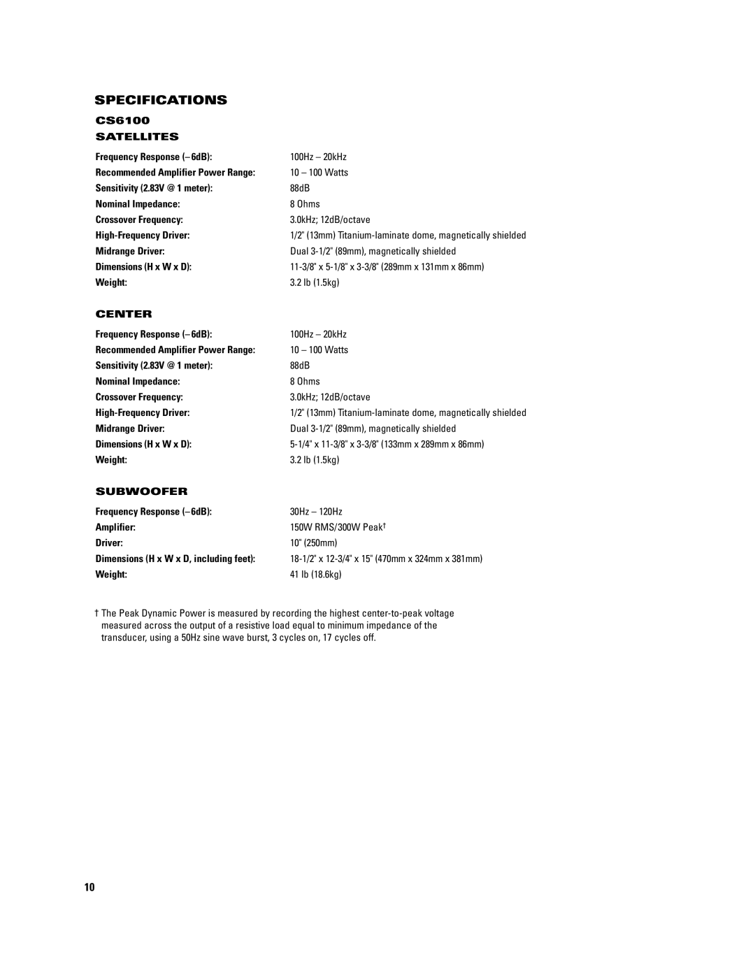 JBL CS6100 manual Specifications 