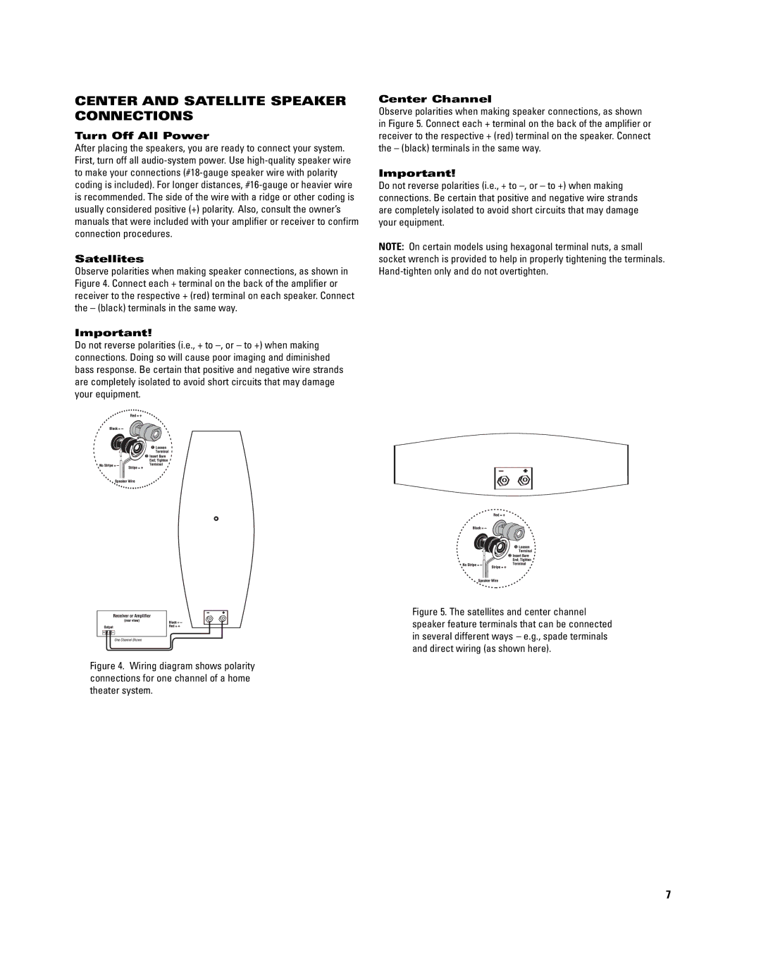 JBL CS6100 manual Center and Satellite Speaker Connections, Turn Off All Power Satellites 