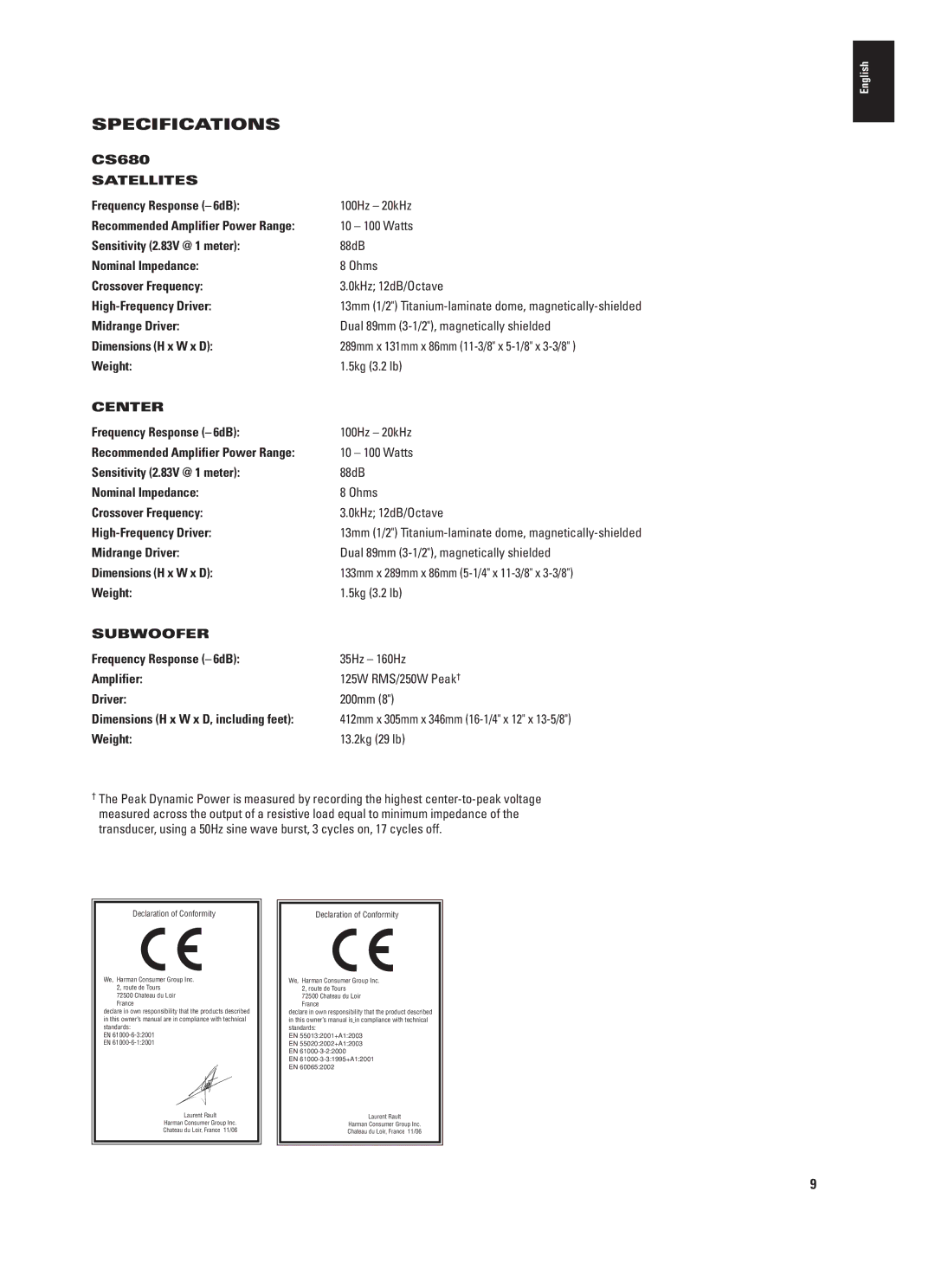 JBL CS680 (230V) manual Specifications 