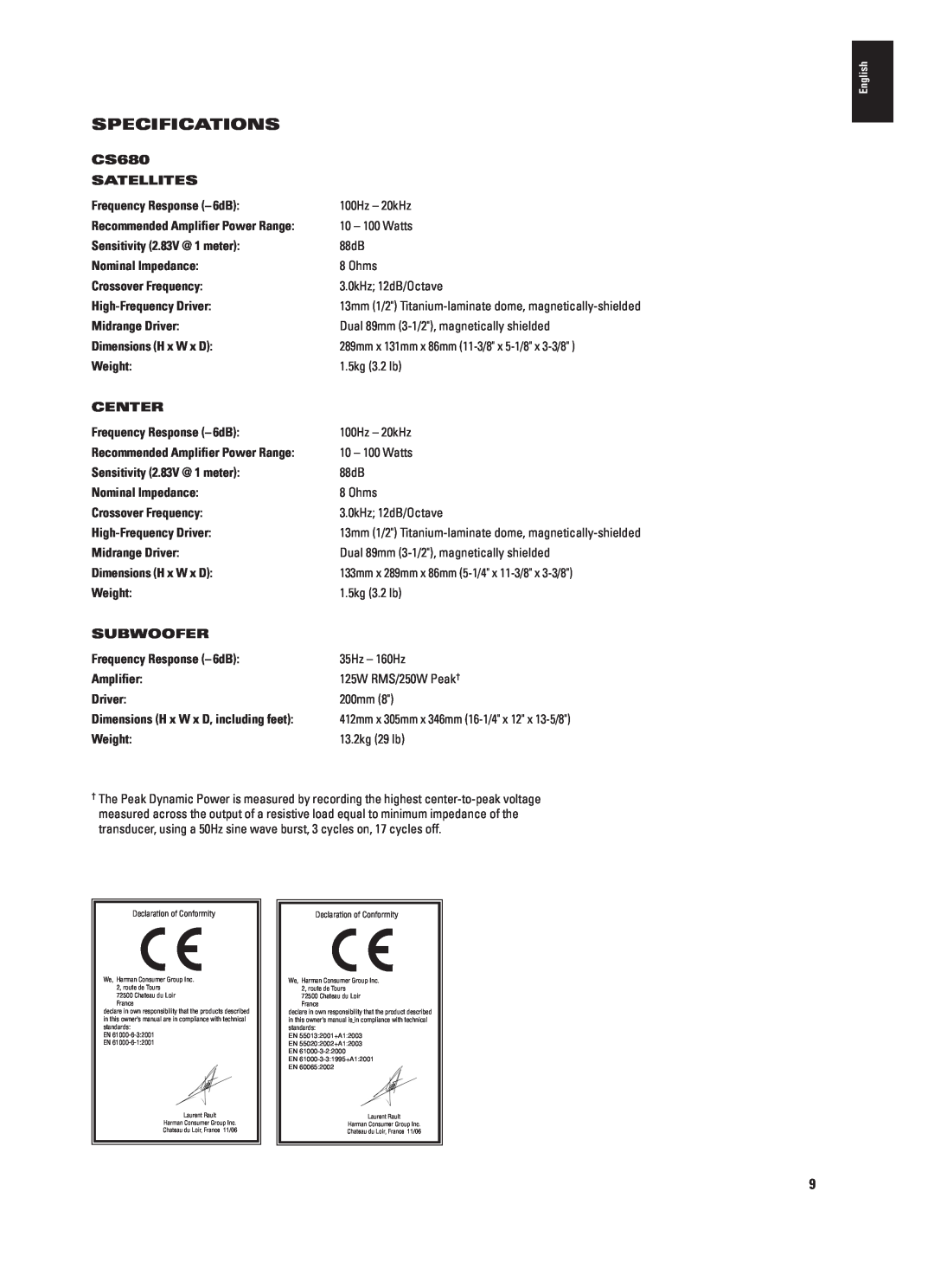 JBL CS680 (230V) manual Specifications, CS680 SATELLITES, Nominal Impedance Crossover Frequency 