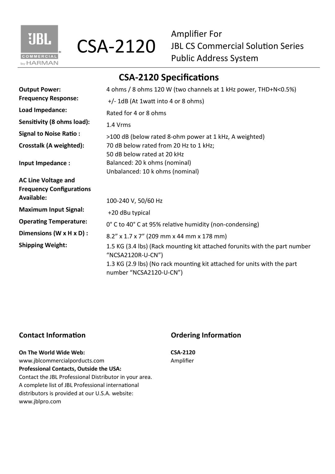 JBL manual CSA-2120 Speciﬁcations, Contact Information, Ordering Information 