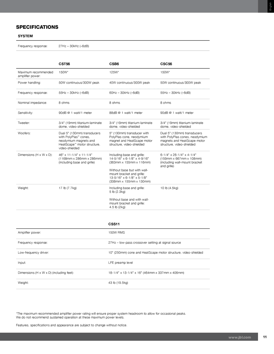 JBL CSS11 owner manual Specifications, CST56 CSB6 CSC56 