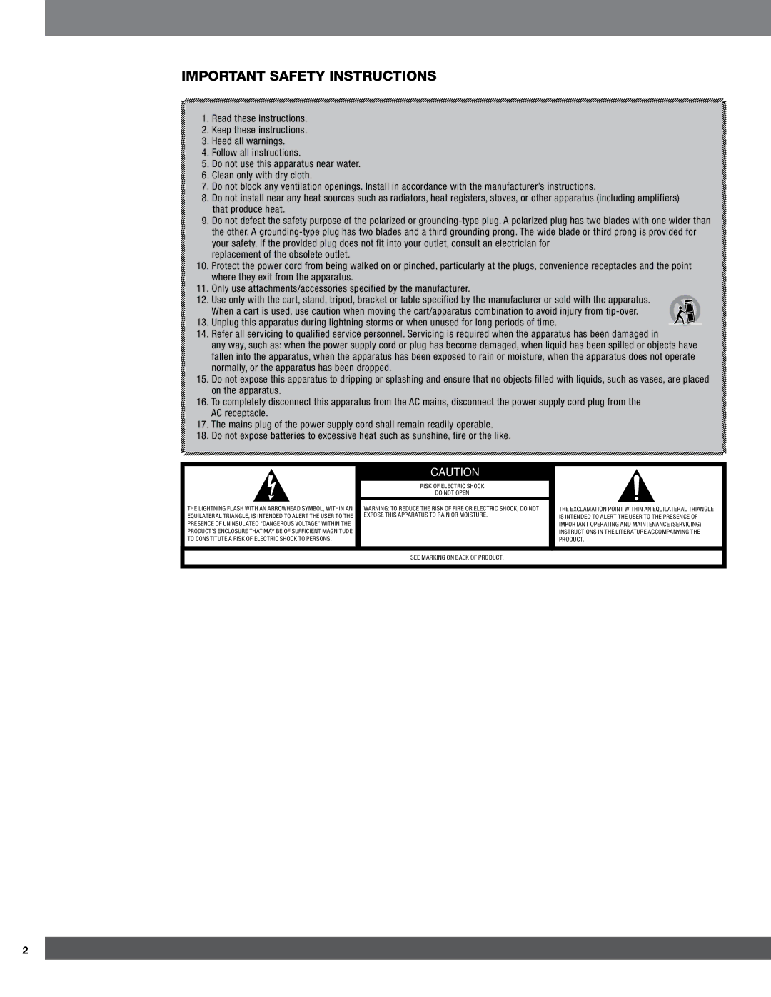 JBL CSS11, CSB6, CST56, CSC56 owner manual Important Safety Instructions, Risk of Electric Shock Do not Open 