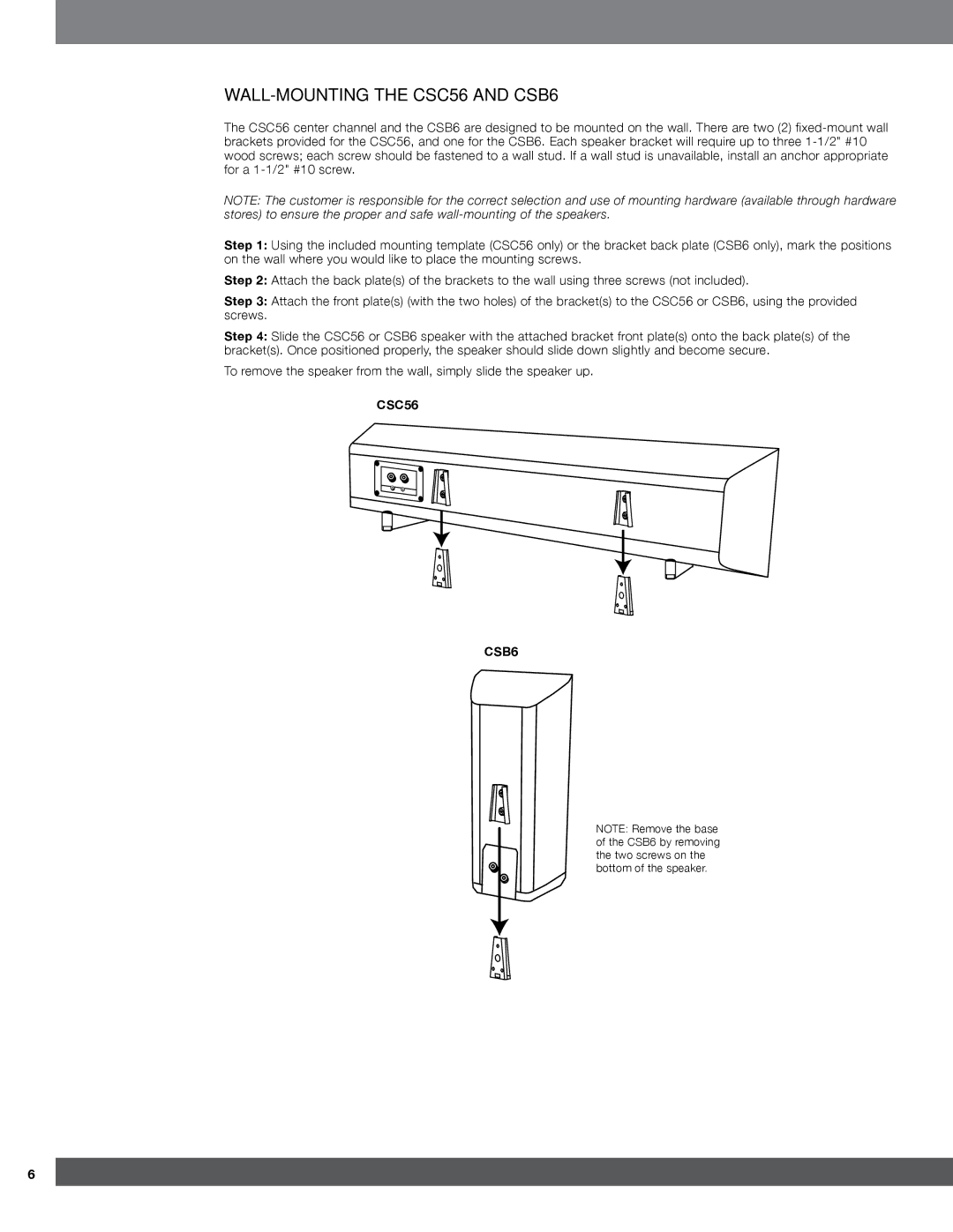 JBL CSS11, CST56 owner manual WALL-MOUNTING the CSC56 and CSB6, CSC56 CSB6 