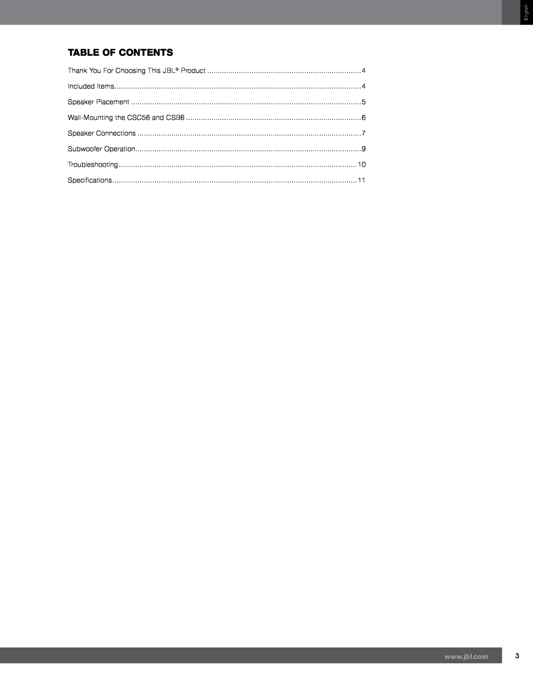 JBL CSC56, CSB6, CST56, CSS11 owner manual Table Of Contents, English 