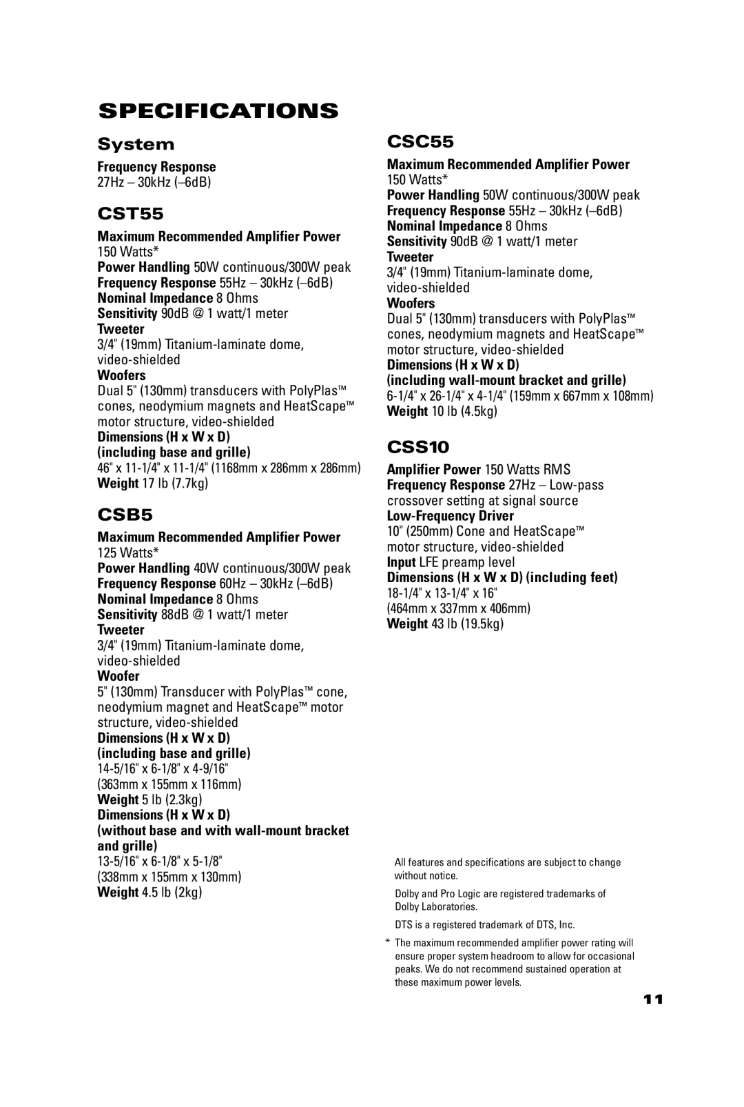 JBL CST55, CSC55, CSB5, CSS10 manual Specifications 