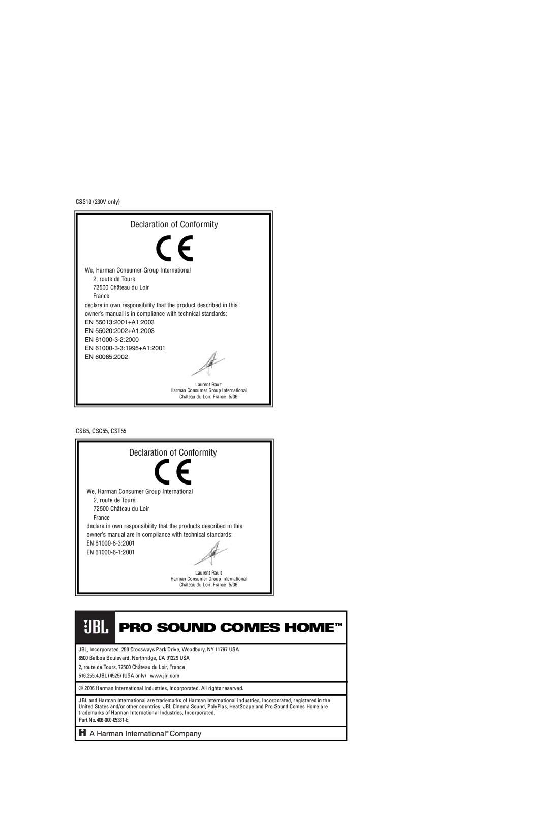 JBL CSC55, CSB5, CSS10, CST55 manual PRO Sound Comes Home 