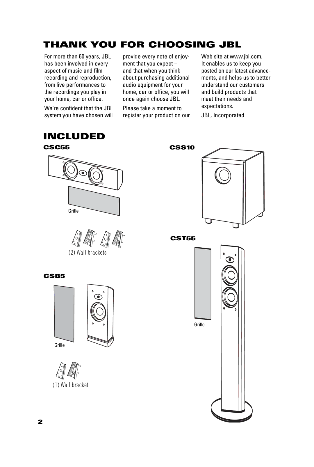 JBL manual Thank YOU for Choosing JBL, Included, CSC55 CSS10, CST55, CSB5 