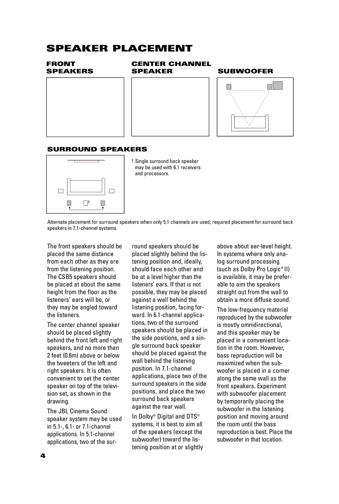 JBL CSC55, CSB5, CSS10, CST55 manual Speaker Placement, Front Center Channel Speakers Subwoofer Surround Speakers 