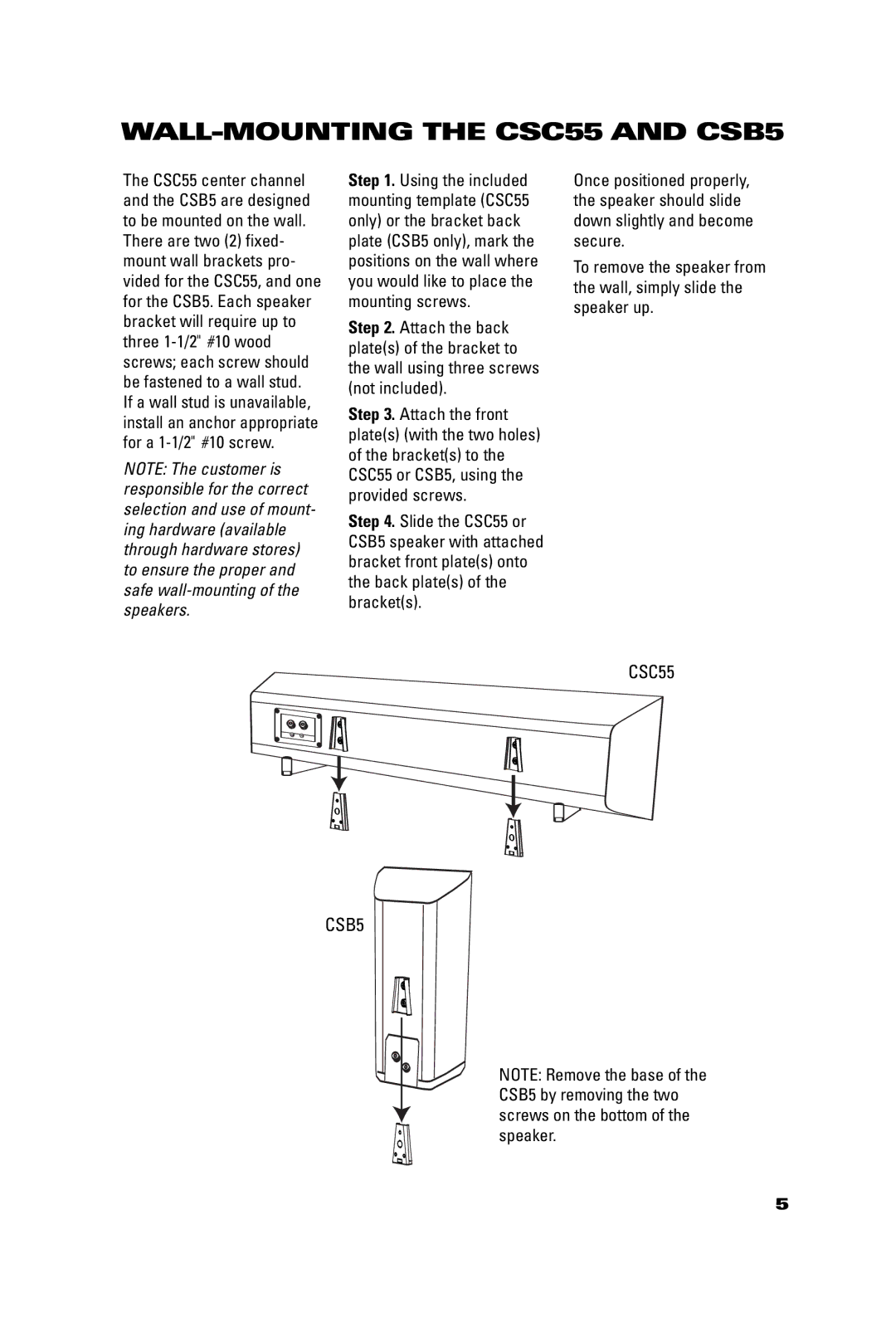 JBL CSS10, CST55 manual WALL-MOUNTING the CSC55 and CSB5 