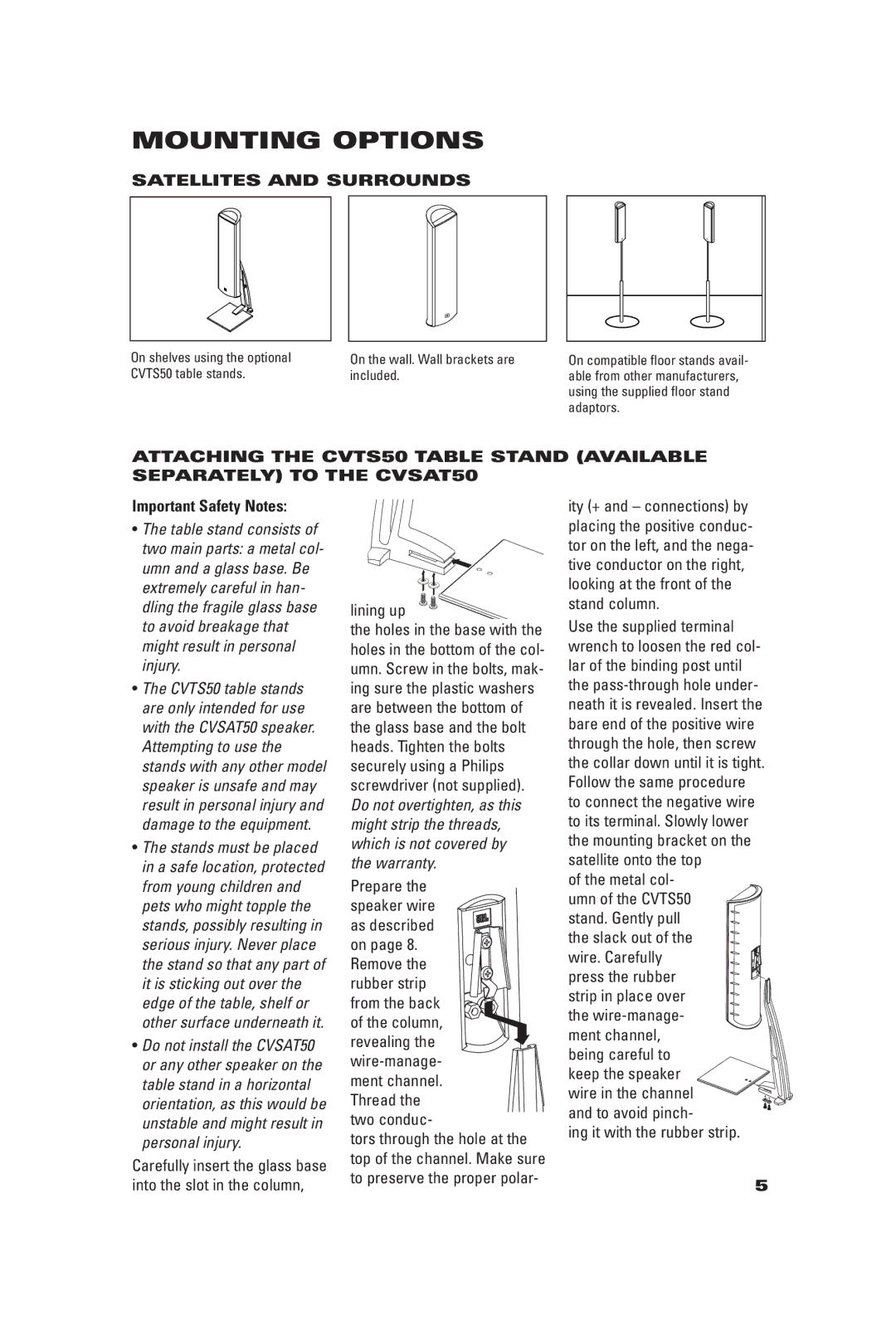 JBL CVSUB50, CVCEN50, CVSAT50 manual Mounting Options, Satellites and Surrounds, Important Safety Notes 