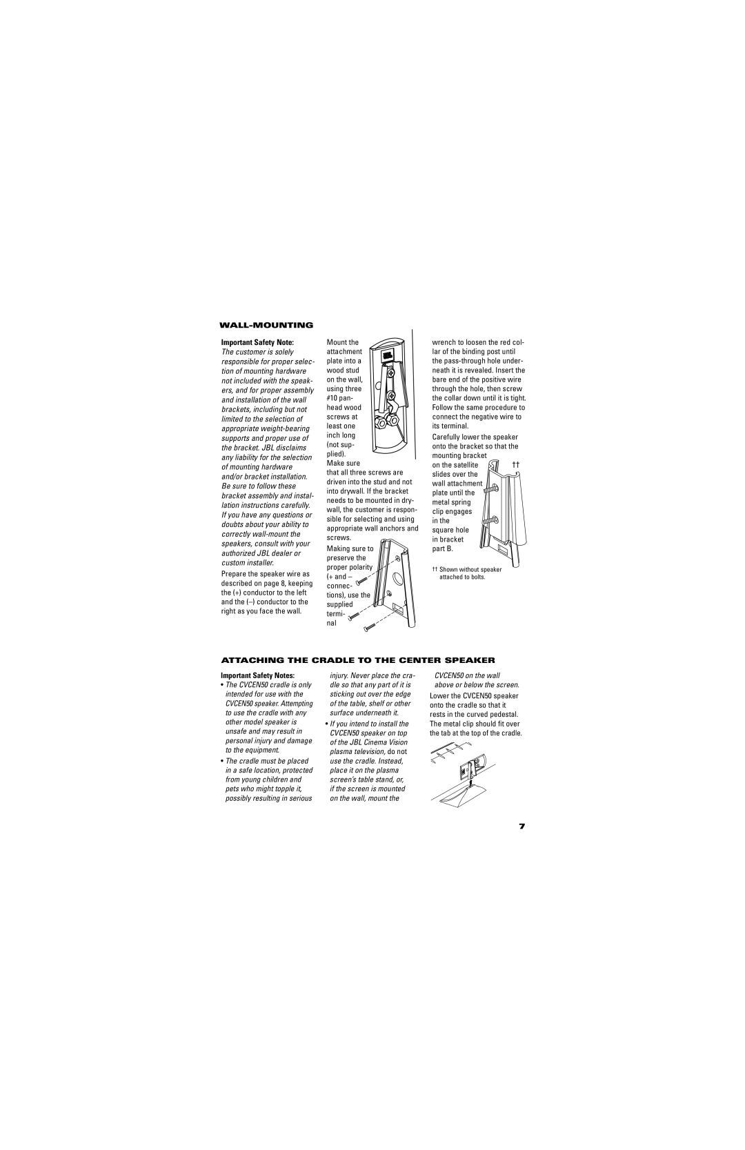 JBL CVSAT50, CVCEN50, CVSUB50 manual Wall-Mounting 