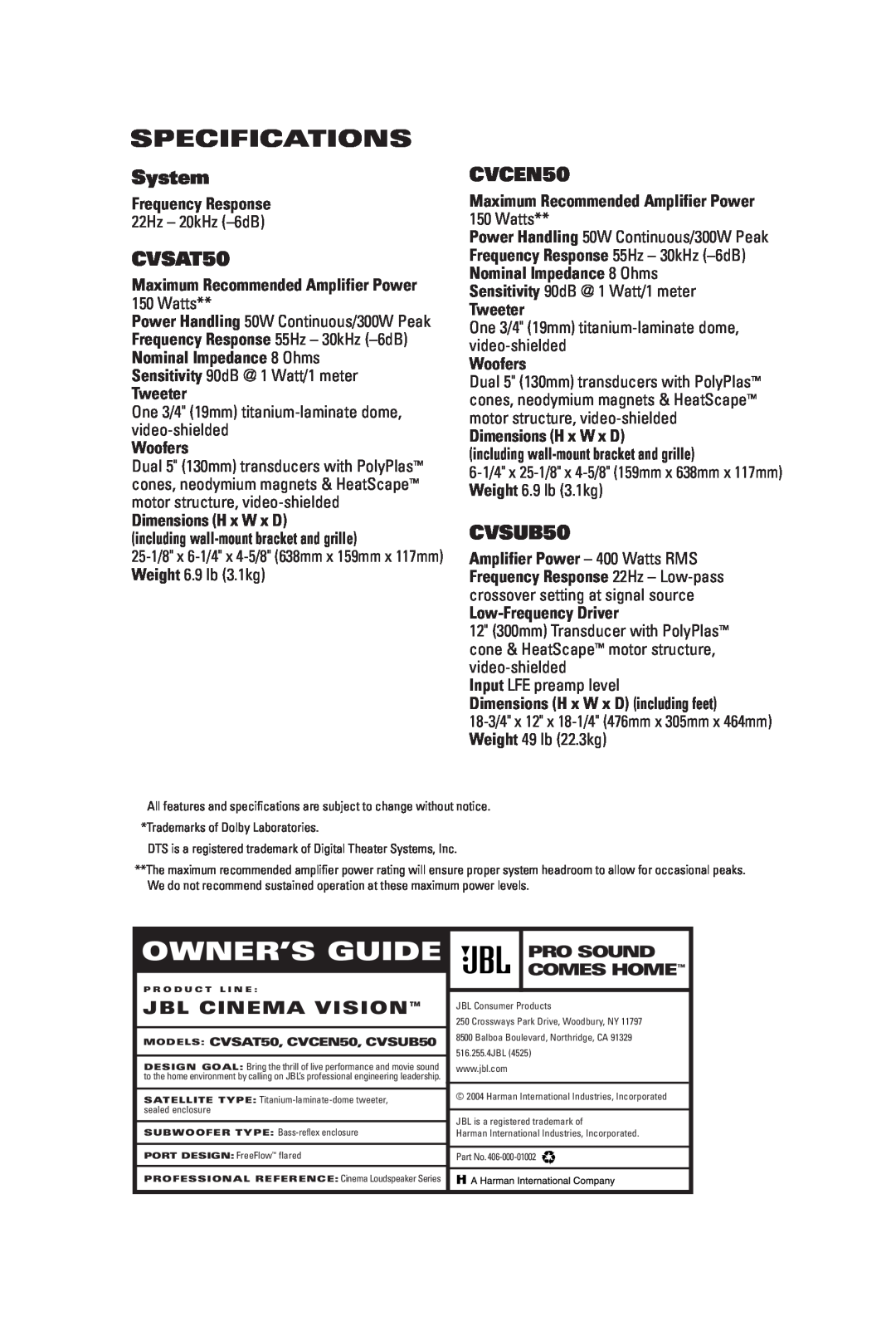 JBL CVCEN50 manual Specifications, System, CVSAT50, CVSUB50, Owner’S Guide, Jbl Cinema Vision 