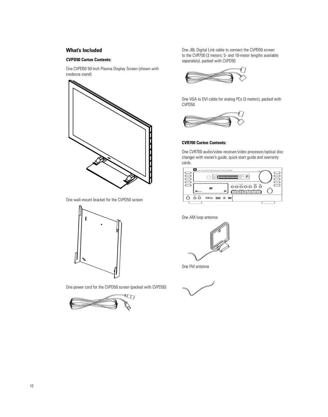 JBL manual What’s Included, CVPD50 Carton Contents, CVR700 Carton Contents 