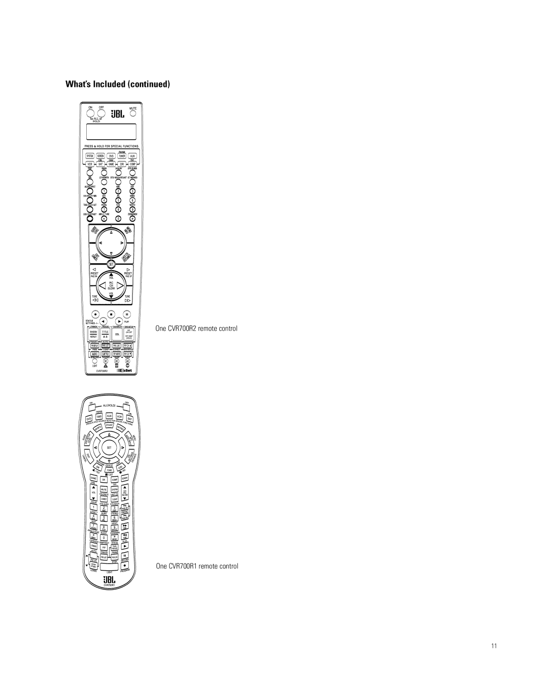 JBL CVPD50 manual One CVR700R2 remote control One CVR700R1 remote control 