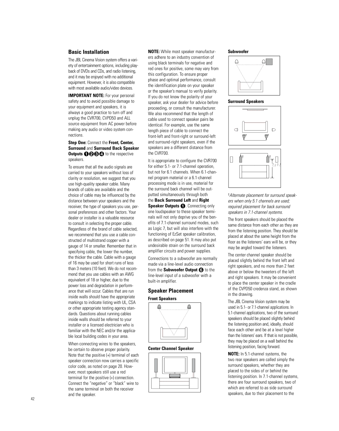 JBL CVPD50, CVR700 manual Basic Installation, Speaker Placement, Speakers 