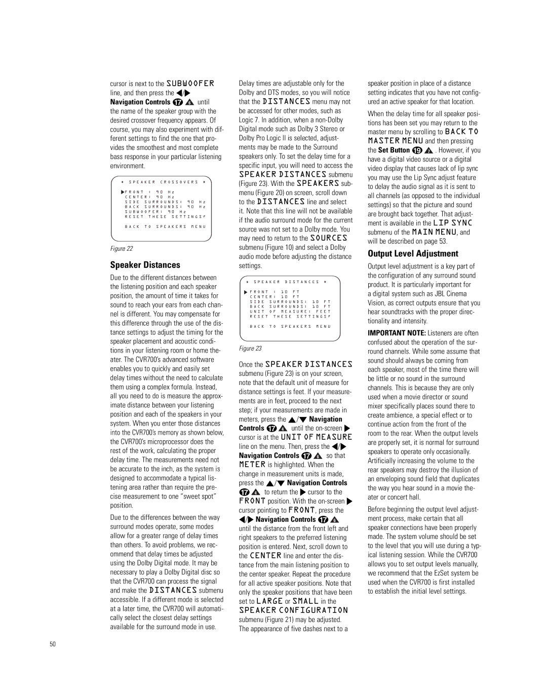 JBL CVPD50, CVR700 manual Speaker Distances, Output Level Adjustment 