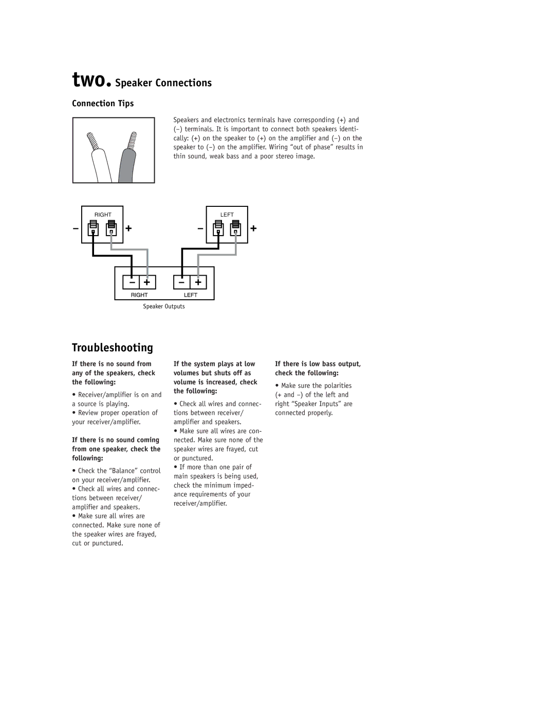 JBL D38 setup guide Troubleshooting, Speakers and electronics terminals have corresponding + 