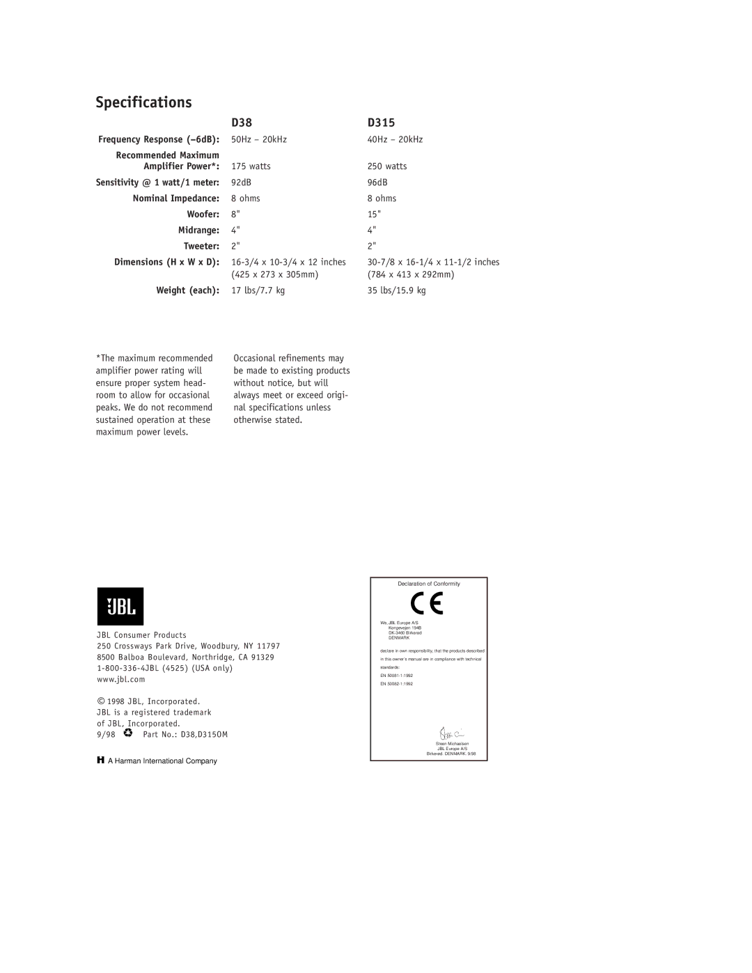 JBL D38 setup guide Specifications 