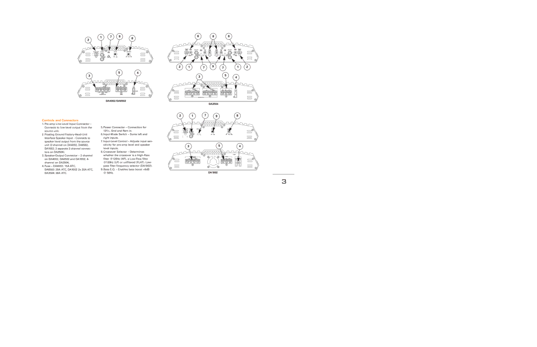 JBL DA1002 manual Controls and Connectors, DA4002/DA6502, DA3504 