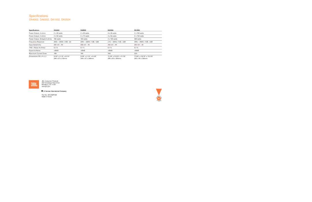 JBL manual Specifications DA4002 DA6502 DA3504 DA1002 