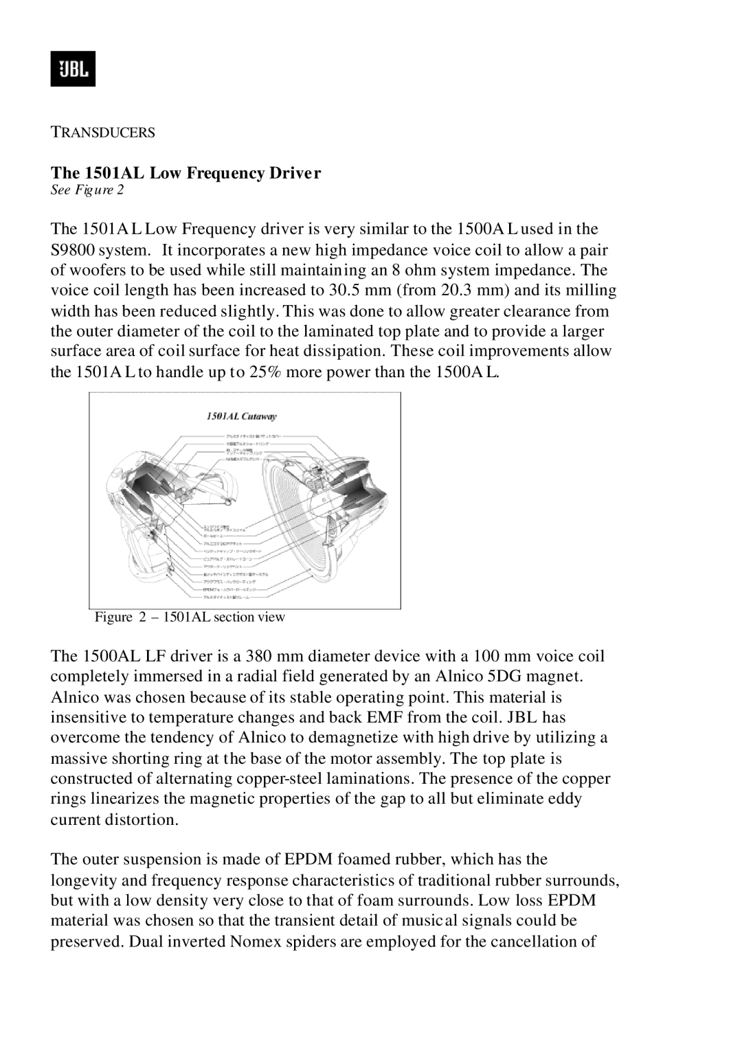 JBL DD66000 manual 1501AL Low Frequency Driver, 1501AL section view 