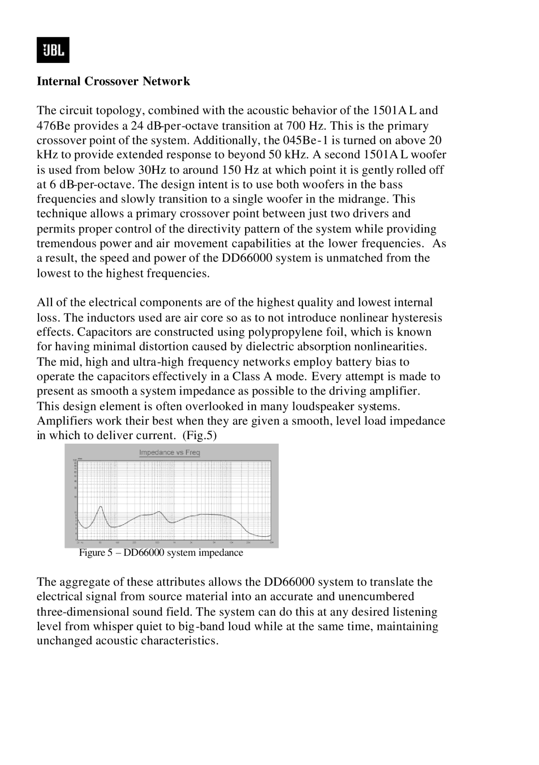 JBL manual Internal Crossover Network, DD66000 system impedance 