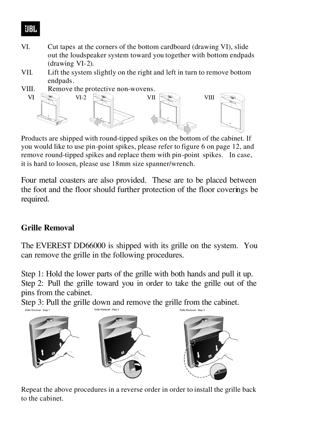 JBL DD66000 manual Grille Removal 