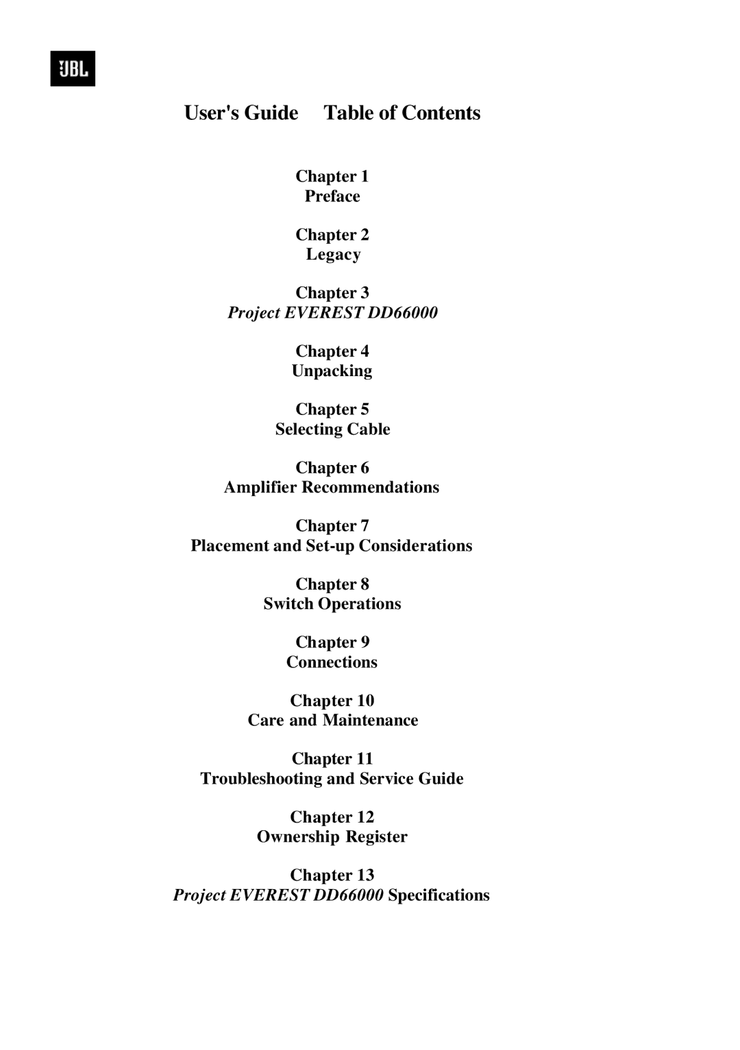 JBL DD66000 manual Users Guide Table of Contents 