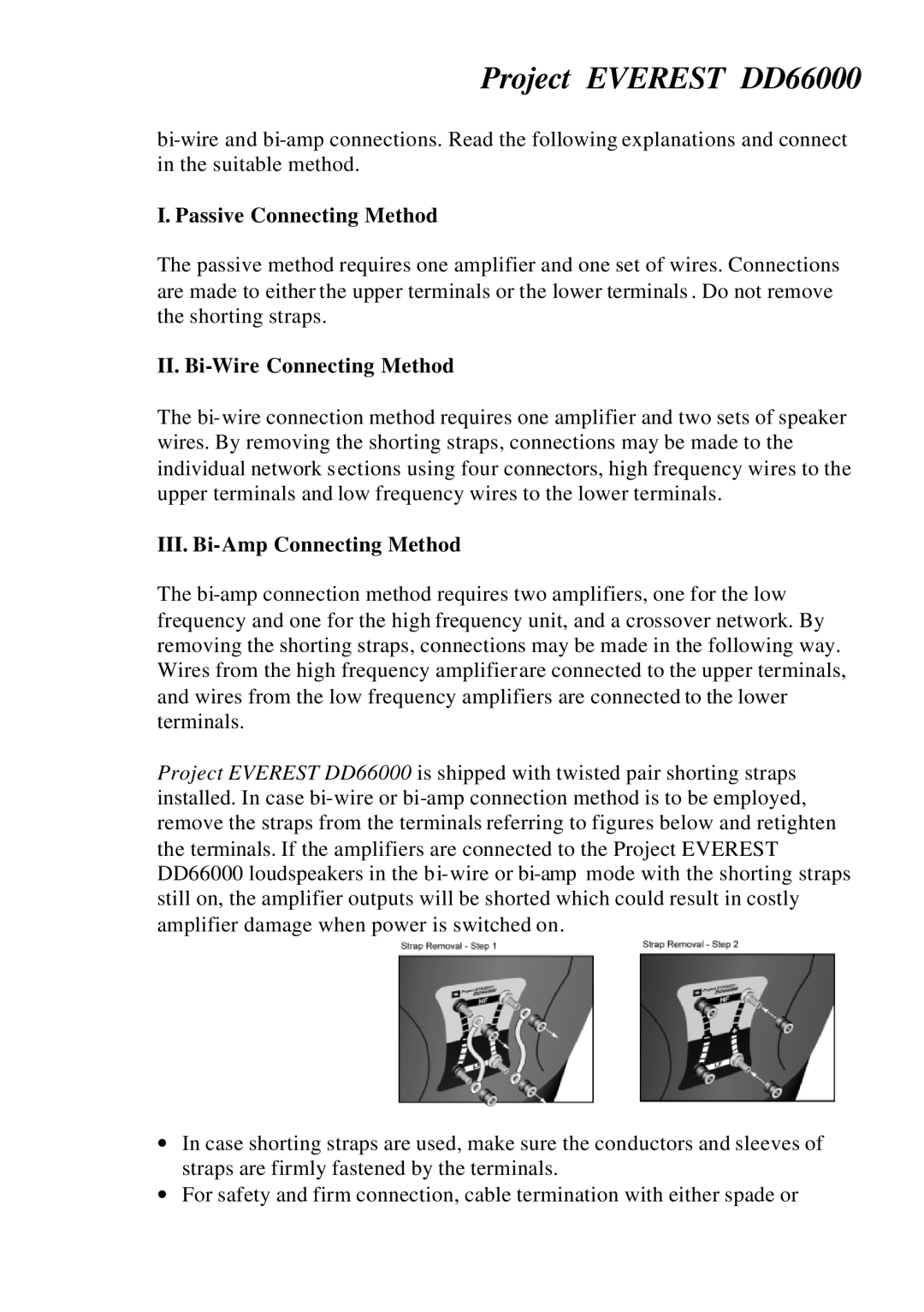 JBL DD66000 manual Passive Connecting Method, II. Bi-Wire Connecting Method, III. Bi-Amp Connecting Method 